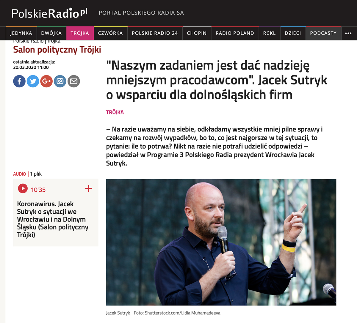 Publikacja w PolskieRadio.pl. Wywiad z Prezydentem Wrocławia Jackiem Sutrykiem